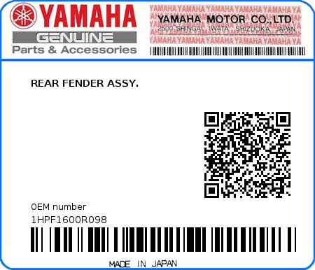 Product image: Yamaha - 1HPF1600R098 - REAR FENDER ASSY.  0