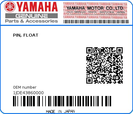 Product image: Yamaha - 1JDE43860000 - PIN, FLOAT  0
