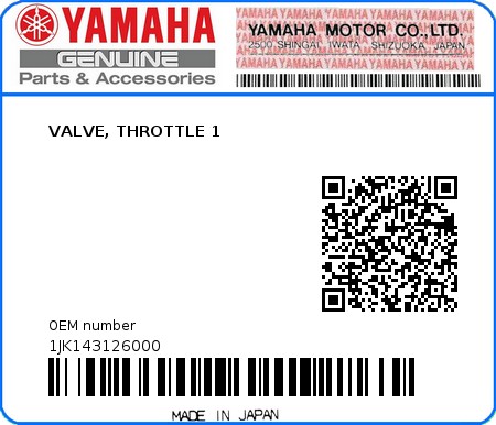 Product image: Yamaha - 1JK143126000 - VALVE, THROTTLE 1  0