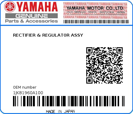 Product image: Yamaha - 1JK81960A100 - RECTIFIER & REGULAT0R ASSY  0