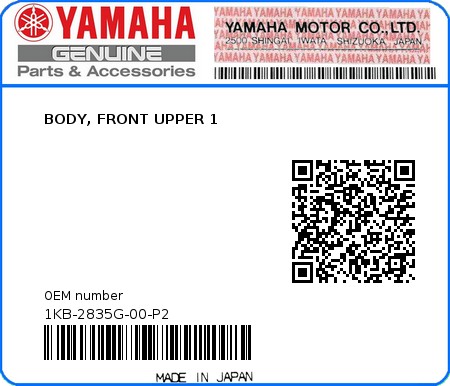 Product image: Yamaha - 1KB-2835G-00-P2 - BODY, FRONT UPPER 1  0