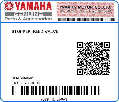 Product image: Yamaha - 1KT136160000 - STOPPER, REED VALVE  0