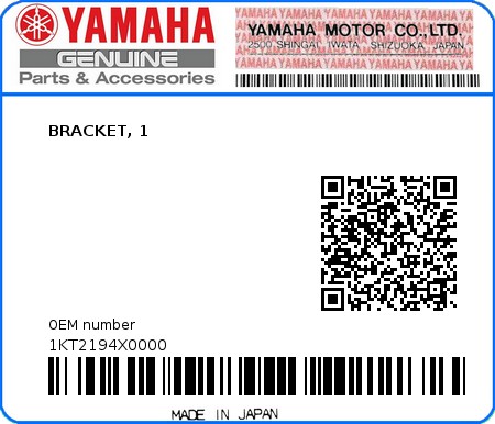 Product image: Yamaha - 1KT2194X0000 - BRACKET, 1   0