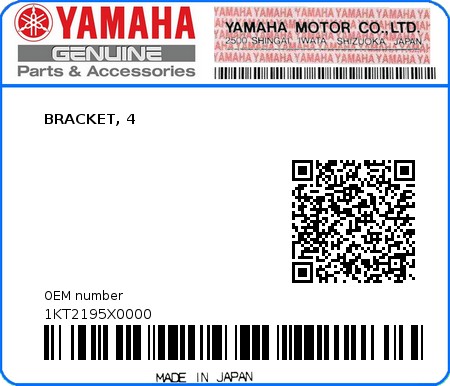 Product image: Yamaha - 1KT2195X0000 - BRACKET, 4   0