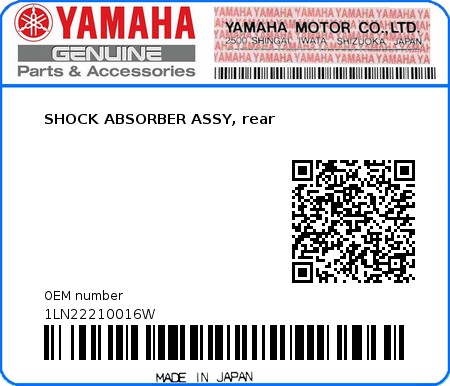 Product image: Yamaha - 1LN22210016W - SHOCK ABSORBER ASSY, rear  0