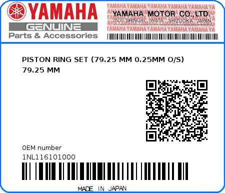 Product image: Yamaha - 1NL116101000 - PISTON RING SET (79.25 MM 0.25MM O/S) 79.25 MM  0