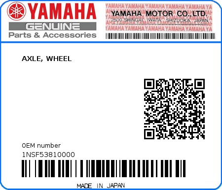 Product image: Yamaha - 1NSF53810000 - AXLE, WHEEL  0