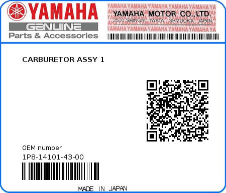 Product image: Yamaha - 1P8-14101-43-00 - CARBURETOR ASSY 1  0