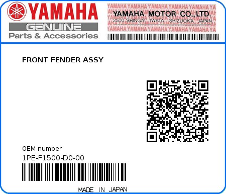 Product image: Yamaha - 1PE-F1500-D0-00 - FRONT FENDER ASSY  0