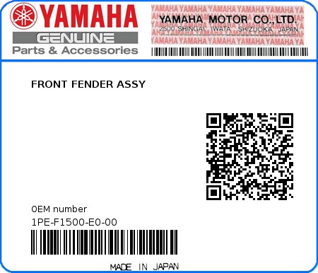 Product image: Yamaha - 1PE-F1500-E0-00 - FRONT FENDER ASSY  0