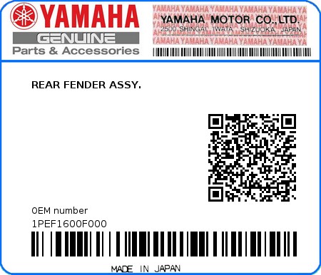 Product image: Yamaha - 1PEF1600F000 - REAR FENDER ASSY.  0