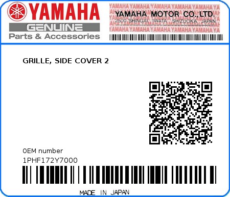 Product image: Yamaha - 1PHF172Y7000 - GRILLE, SIDE COVER 2  0
