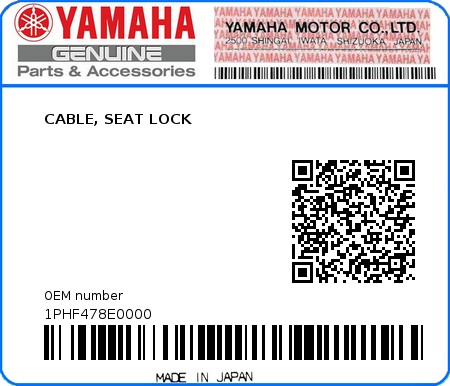 Product image: Yamaha - 1PHF478E0000 - CABLE, SEAT LOCK  0