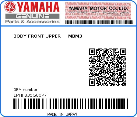 Product image: Yamaha - 1PHF835G00P7 - BODY FRONT UPPER     MBM3  0