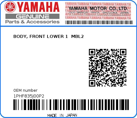 Product image: Yamaha - 1PHF835J00P2 - BODY, FRONT LOWER 1  MBL2  0