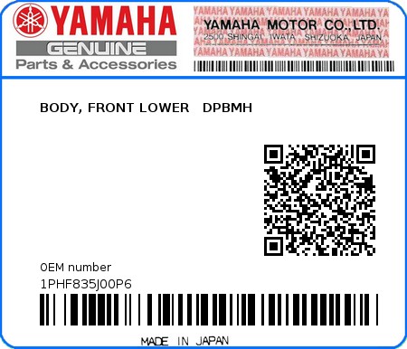 Product image: Yamaha - 1PHF835J00P6 - BODY, FRONT LOWER   DPBMH  0