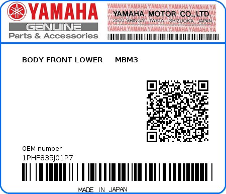 Product image: Yamaha - 1PHF835J01P7 - BODY FRONT LOWER     MBM3  0