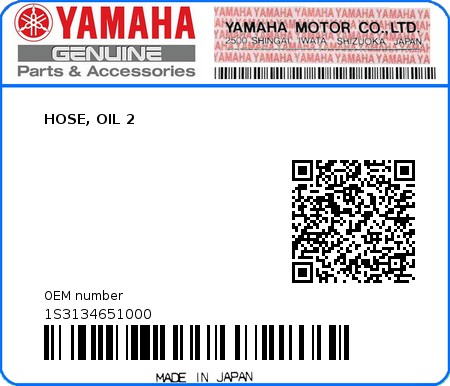 Product image: Yamaha - 1S3134651000 - HOSE, OIL 2  0