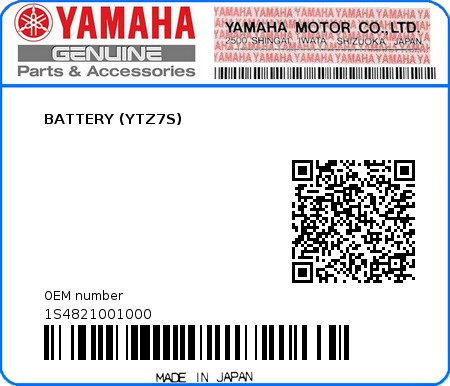 Product image: Yamaha - 1S4821001000 - BATTERY (YTZ7S)  0
