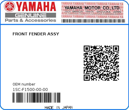 Product image: Yamaha - 1SC-F1500-00-00 - FRONT FENDER ASSY  0