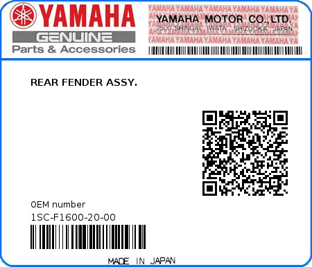 Product image: Yamaha - 1SC-F1600-20-00 - REAR FENDER ASSY.  0