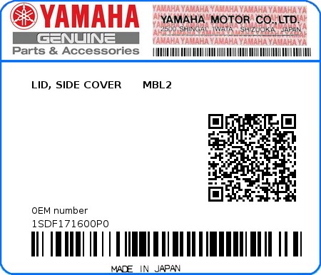 Product image: Yamaha - 1SDF171600P0 - LID, SIDE COVER      MBL2  0