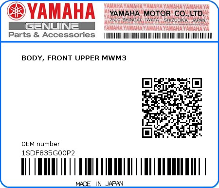 Product image: Yamaha - 1SDF835G00P2 - BODY, FRONT UPPER MWM3  0