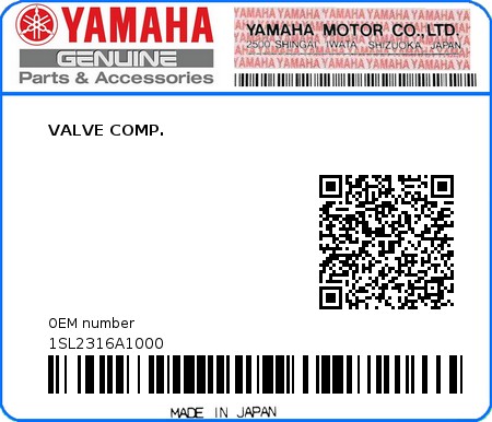 Product image: Yamaha - 1SL2316A1000 - VALVE COMP.  0