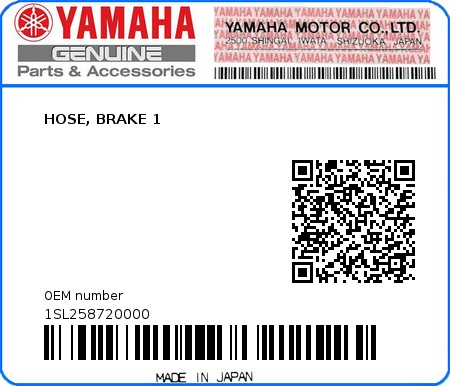 Product image: Yamaha - 1SL258720000 - HOSE, BRAKE 1  0
