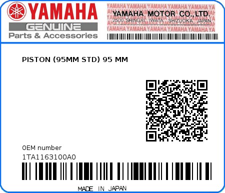 Product image: Yamaha - 1TA1163100A0 - PISTON (95MM STD) 95 MM  0
