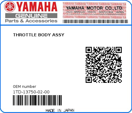 Product image: Yamaha - 1TD-13750-02-00 - THROTTLE BODY ASSY  0