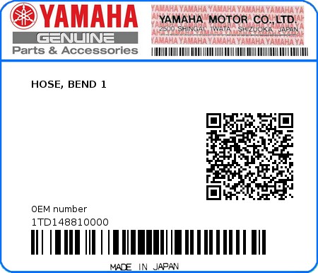 Product image: Yamaha - 1TD148810000 - HOSE, BEND 1  0