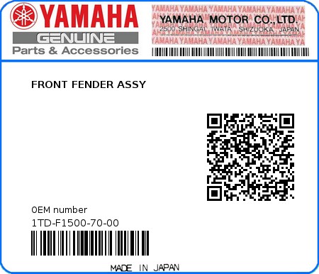 Product image: Yamaha - 1TD-F1500-70-00 - FRONT FENDER ASSY  0