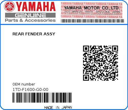 Product image: Yamaha - 1TD-F1600-G0-00 - REAR FENDER ASSY  0