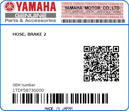 Product image: Yamaha - 1TDF58730000 - HOSE, BRAKE 2  0