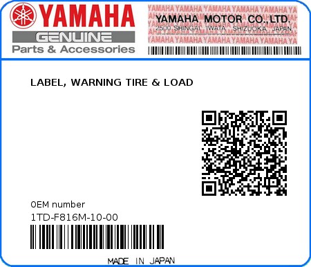 Product image: Yamaha - 1TD-F816M-10-00 - LABEL, WARNING TIRE & LOAD  0