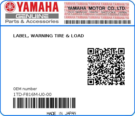Product image: Yamaha - 1TD-F816M-U0-00 - LABEL, WARNING TIRE & LOAD  0