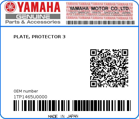Product image: Yamaha - 1TP1465U0000 - PLATE, PROTECTOR 3  0