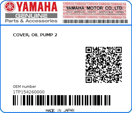 Product image: Yamaha - 1TP154260000 - COVER, OIL PUMP 2  0