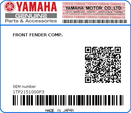 Product image: Yamaha - 1TP2151000P3 - FRONT FENDER COMP.  0
