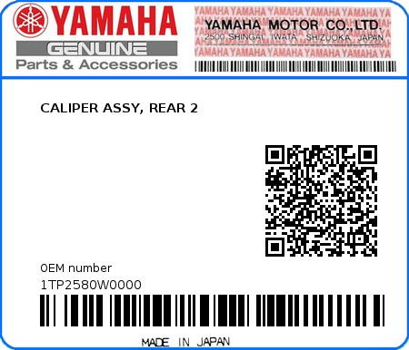 Product image: Yamaha - 1TP2580W0000 - CALIPER ASSY, REAR 2  0