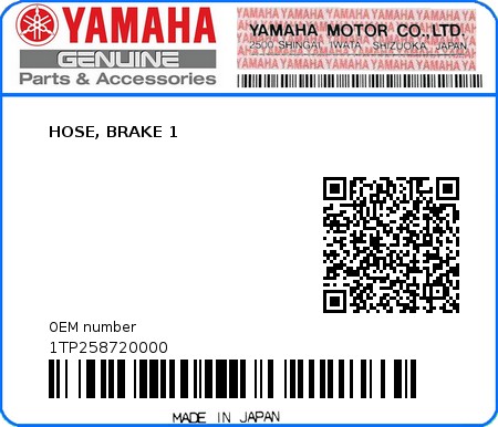 Product image: Yamaha - 1TP258720000 - HOSE, BRAKE 1  0