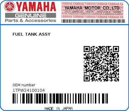 Product image: Yamaha - 1TPW24100104 - FUEL TANK ASSY  0