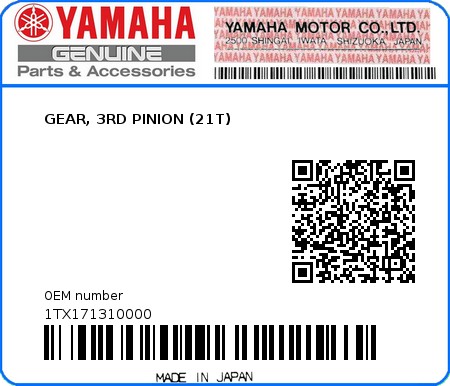 Product image: Yamaha - 1TX171310000 - GEAR, 3RD PINION (21T)  0