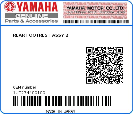 Product image: Yamaha - 1UT274400100 - REAR FOOTREST ASSY 2  0