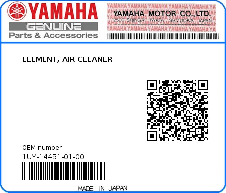 Product image: Yamaha - 1UY-14451-01-00 - ELEMENT, AIR CLEANER  0