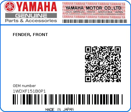 Product image: Yamaha - 1WDXF151B0P1 - FENDER, FRONT  0