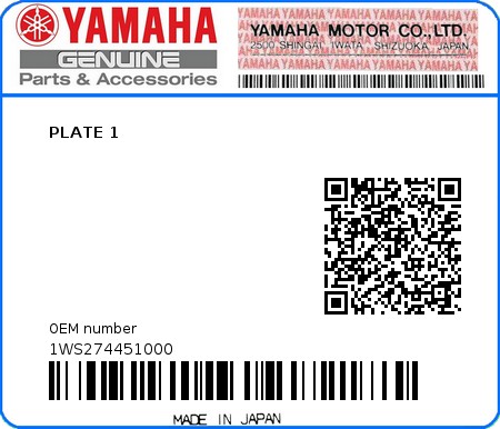 Product image: Yamaha - 1WS274451000 - PLATE 1  0