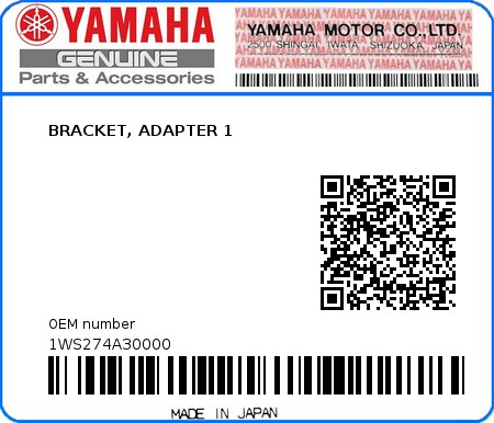 Product image: Yamaha - 1WS274A30000 - BRACKET, ADAPTER 1  0