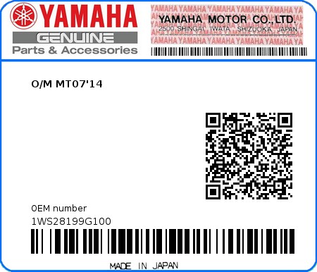 Product image: Yamaha - 1WS28199G100 - O/M MT07'14  0